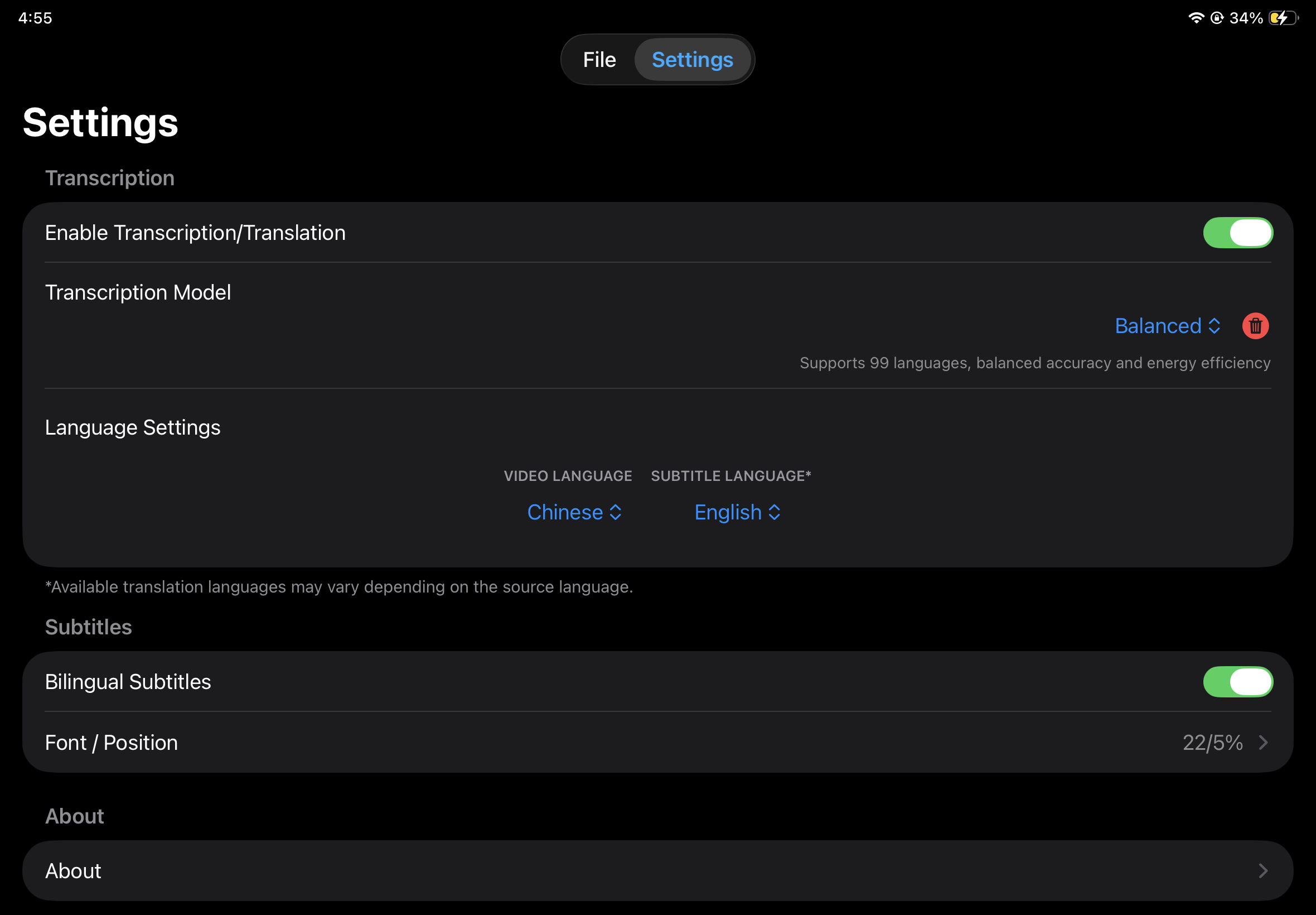 Transcription model settings